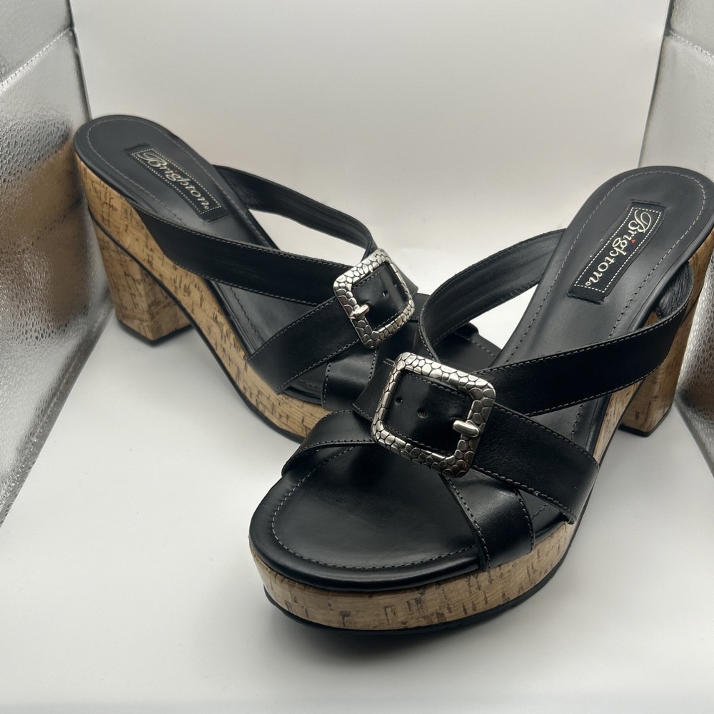 Brighton Black Leather Cork Wedge Sandals Silver Buckle Heels Size 8.5M Brazil - Picture 8 of 8